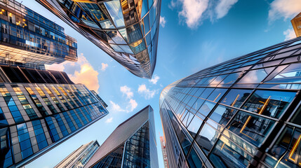 A dynamic wide-angle view looking up at the modern skyline in London’s financial district, showcasing contemporary buildings and unique architecture against the sky.