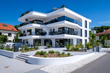 Fototapeta premium A modern urban residential building, featuring large balconies, sustainable materials, and a minimalist design that blends with the city skyline