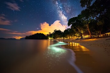 A mystical beach under a glowing, starry sky, where the ocean sparkles with magical bioluminescence and strange creatures emerge from the waves