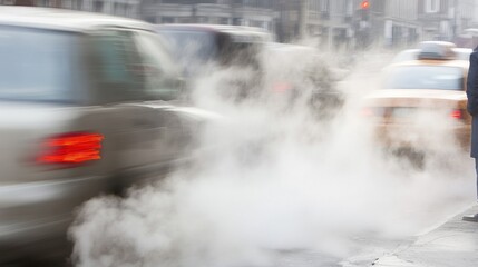 Fototapeta premium A busy street scene with cars emitting steam in a city environment.