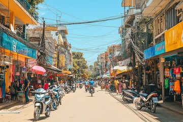 A busy street lined with shops and motorcycles in a Southeast Asian city.
