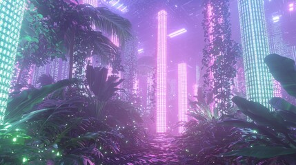 Glowing Pixelated Jungle - Lively Digital Ecosystem with Colorful Lights and Oversized Plants and Animals