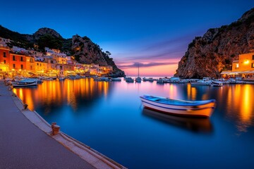 A quaint fishing village at sunrise, with boats gently swaying in the harbor as the sun rises, casting warm light over the still water and colorful buildings