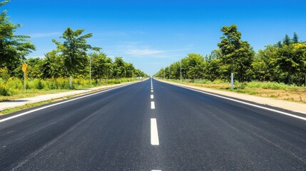 Obraz premium A straight, paved road with white lines stretches into the distance on a clear day, surrounded by green trees and a blue sky.