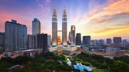 Fototapeta premium A stunning sunset view of a modern city skyline featuring iconic twin towers and greenery.