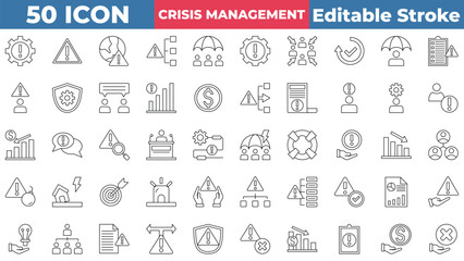 Crisis Management icon collection set. Financial, Protection, Identification, planing, Diagram, And More. Editable stroke outline icon.