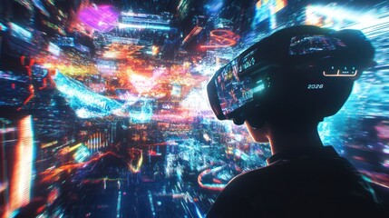 A person experiencing a vibrant and futuristic virtual reality world, complete with dynamic lighting effects and a sense of immersive digital space.