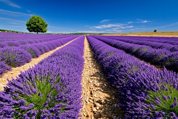 Fototapeta premium A rolling field of lavender under a deep blue sky, with rows of purple blooms stretching toward the horizon and a single tree in the distance