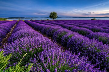 Obraz premium A rolling field of lavender under a deep blue sky, with rows of purple blooms stretching toward the horizon and a single tree in the distance
