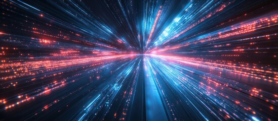 Obraz premium Abstract glowing lines of red and blue light converge in the center of the image, creating a sense of speed and movement.