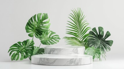 Obraz premium Stylized 3D podium set, featuring white marble slabs and vibrant monstera leaves in various sizes, creating a tropical-modern aesthetic on white backdrop