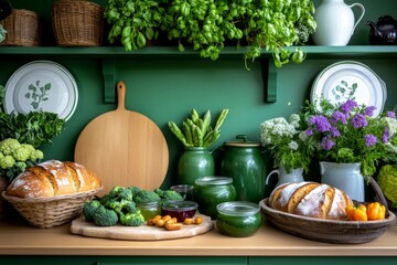 A traditional rural kitchen filled with freshly baked bread, vegetables, and preserves, reflecting the wholesome, homemade nature of rural living