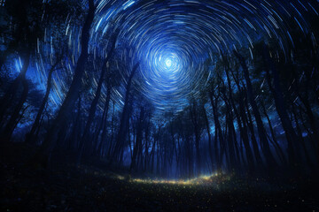 Obraz premium A mesmerizing night scene of swirling stars above a dark forest, evoking a sense of wonder and tranquility.