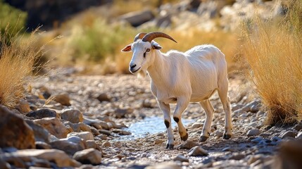 Naklejka premium A solitary Boer goat walking through a dry creek bed, its powerful build evident against the natural landscape.