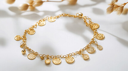 gold coin anklet on white background with dried flowers