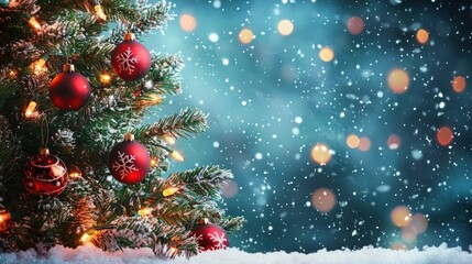 Decorated Christmas tree with sparkling ornaments and lights, set against a snowy winter background