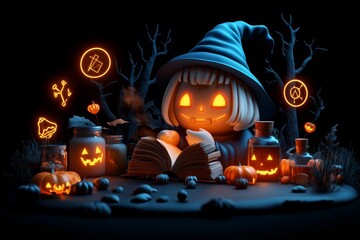 A witch preparing a spell in her forest cabin, with glowing books, jars of potions, and magical symbols surrounding her on Halloween night