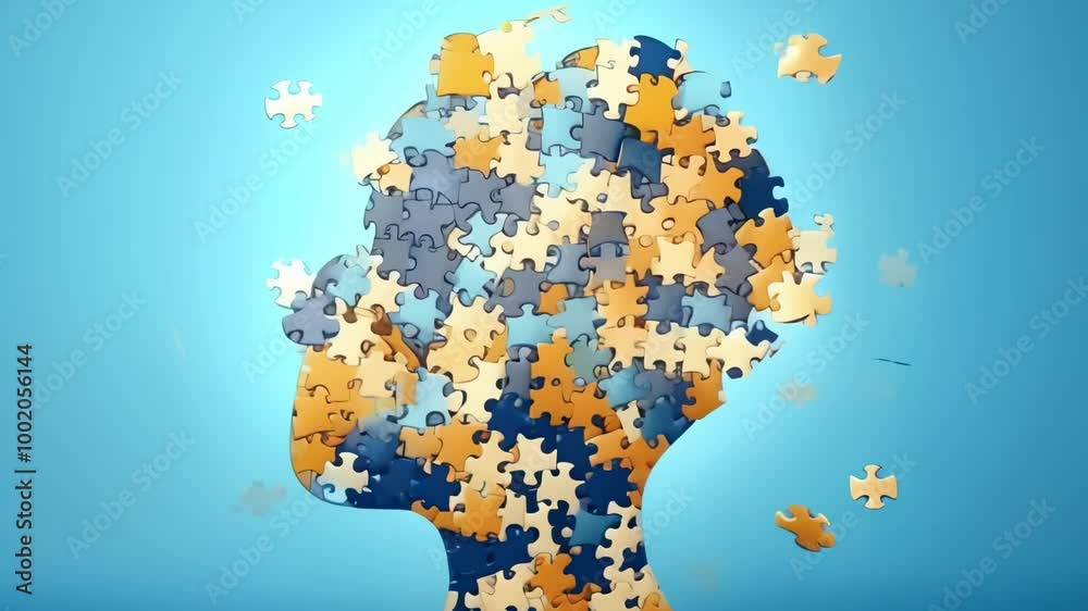 Poster side view of a human head profile is composed of colorful jigsaw puzzle pieces, some of which are fl