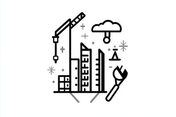 Fototapeta premium Abstract urban construction icon, with minimalist lines and shapes representing cranes, buildings, and development tools