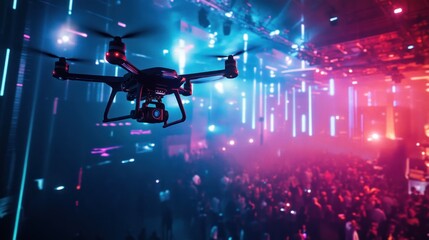 A drone flies above a crowd at a concert, illuminated by vivid purple and blue stage lights and beams, capturing the energetic atmosphere.