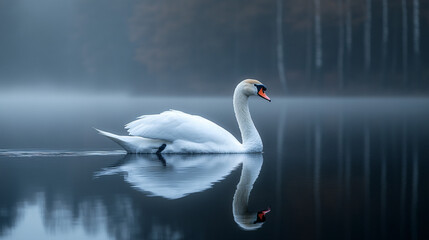 Fototapeta premium elegant white swan in misty lake with reflection, serenity nature photography