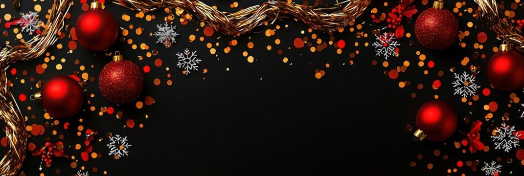 Decorative banner with golden tinsel confetti red Christmas balls and snowflakes on a black background - Powered by Adobe
