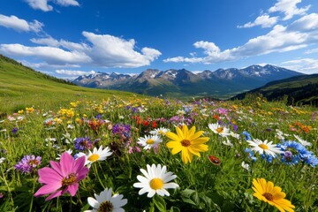 Obraz premium An alpine meadow rich in biodiversity, with wildflowers, butterflies, and mountain wildlife coexisting in harmony among the high peaks