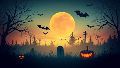 Eerie Halloween night with bats flying against a full moon backdrop.