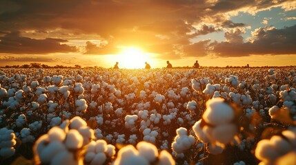 Obraz premium A vibrant sunset over a sprawling cotton field, with silhouettes of workers handpicking cotton.