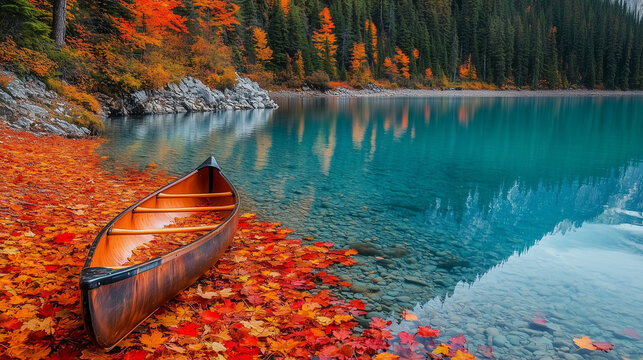 Autumn lake with a wooden canoe. A calm autumn lake surrounded by vibrant trees with a wooden canoe resting on the shore.
