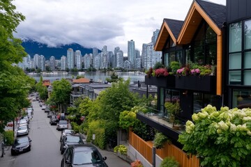 An urban street lined with contemporary architecture, featuring sleek glass buildings, creative facades, and a mix of residential and commercial spaces