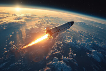 Fototapeta premium A vibrant sunset scene featuring a rocket launching into a clear blue sky, surrounded by fluffy clouds and smoke.