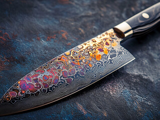 close-up of a damascus chef's knife on a blue background © VASSELL TRADING