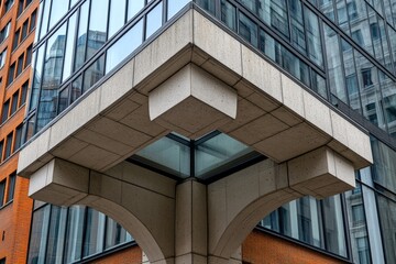 Close-up of modern urban architecture, with hyper-realistic detail showing the texture of concrete, glass, and steel in a sleek city structure