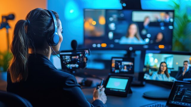 Woman wearing a headset in a modern studio hosting a virtual conference with multiple screens, illustrating remote work and digital communication.