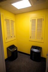 A small, yellow-walled room with two black trash bins and closed shutters.