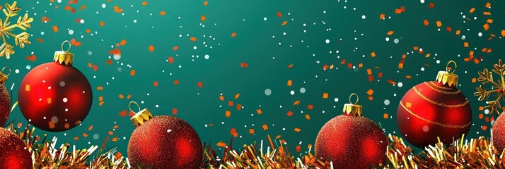 Decorative banner with golden tinsel confetti red Christmas balls and snowflakes on a green background 