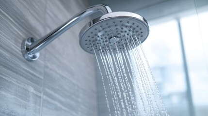 A sleek chrome showerhead releasing a steady stream of water into a glass-enclosed shower, with reflections on the tiles and a calm atmosphere