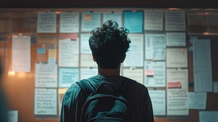 A student standing in front of a university board filled with career options and majors, with a thoughtful expression, symbolizing the weight of academic choices