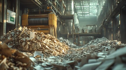 depicting the step-by-step process of recycling paper, featuring piles of used paper transitioning into clean, recycled sheets.