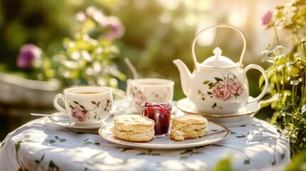 A table set for afternoon tea with a teacup, teapot, scones, and jam, on a garden table with soft sunlight