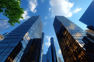Obraz premium Hyper-realistic view of an urban skyline, with intricate details of glass buildings, reflections, and architectural designs capturing every texture