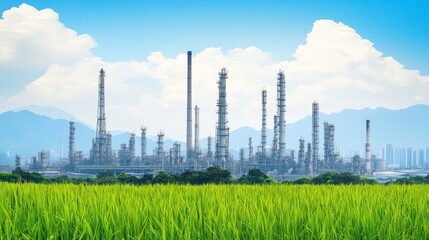 Fototapeta premium A sprawling industrial complex with smokestacks against a backdrop of mountains and blue sky.