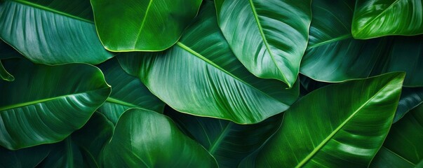 Close-up background of tropical green leaves. New wallpaper banner concept with a flat layout.