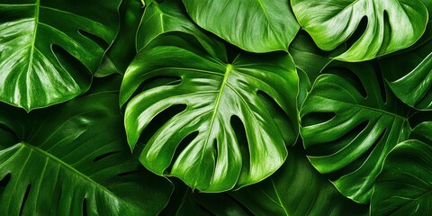 Close-up background of tropical green leaves. New wallpaper banner concept with a flat layout.
