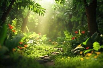 Fototapeta premium Sunlit Path Through Lush Green Jungle with Red Flowers