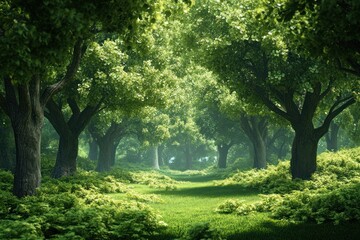 Lush Green Forest Path with Sunlight Streaming Through Trees