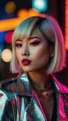 Stylish woman with short hair and red lipstick in glittery top under neon lights