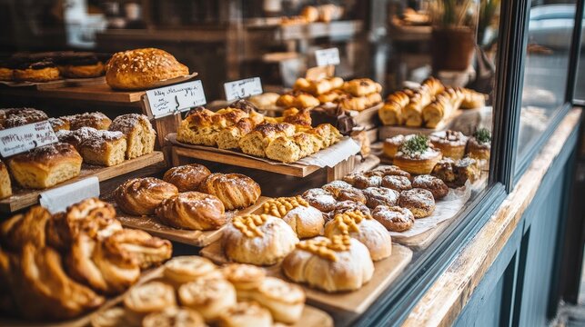 A variety of freshly baked gluten-free pastries displayed in a bakery window, offering a selection of delicious, allergy-friendly options