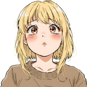 Una chica rubia que mira hacia arriba muy sorprendida